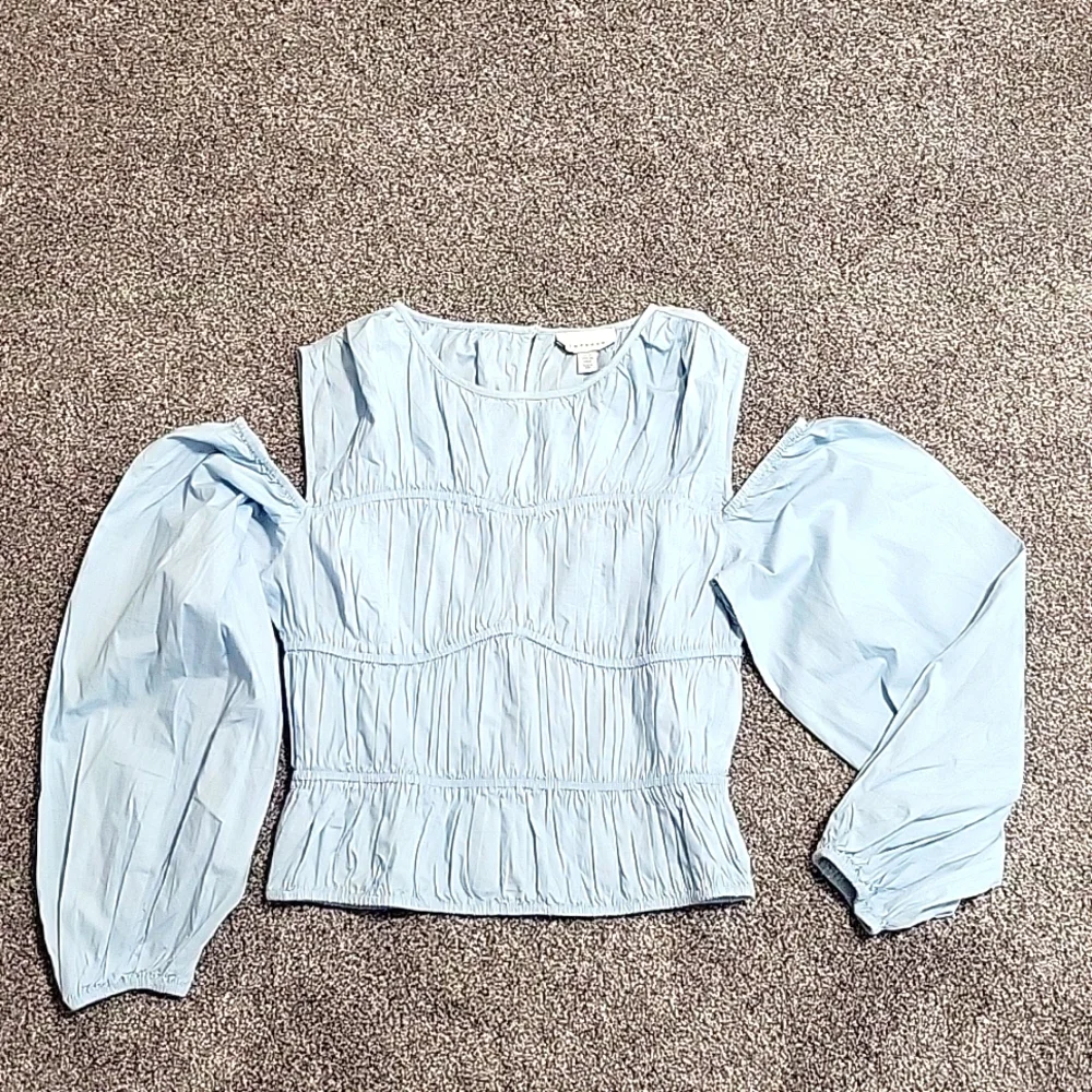 Topshop Shirred Poplin Off The Shoulder Blouse in Blue Size 6 - Picture 5 of 10